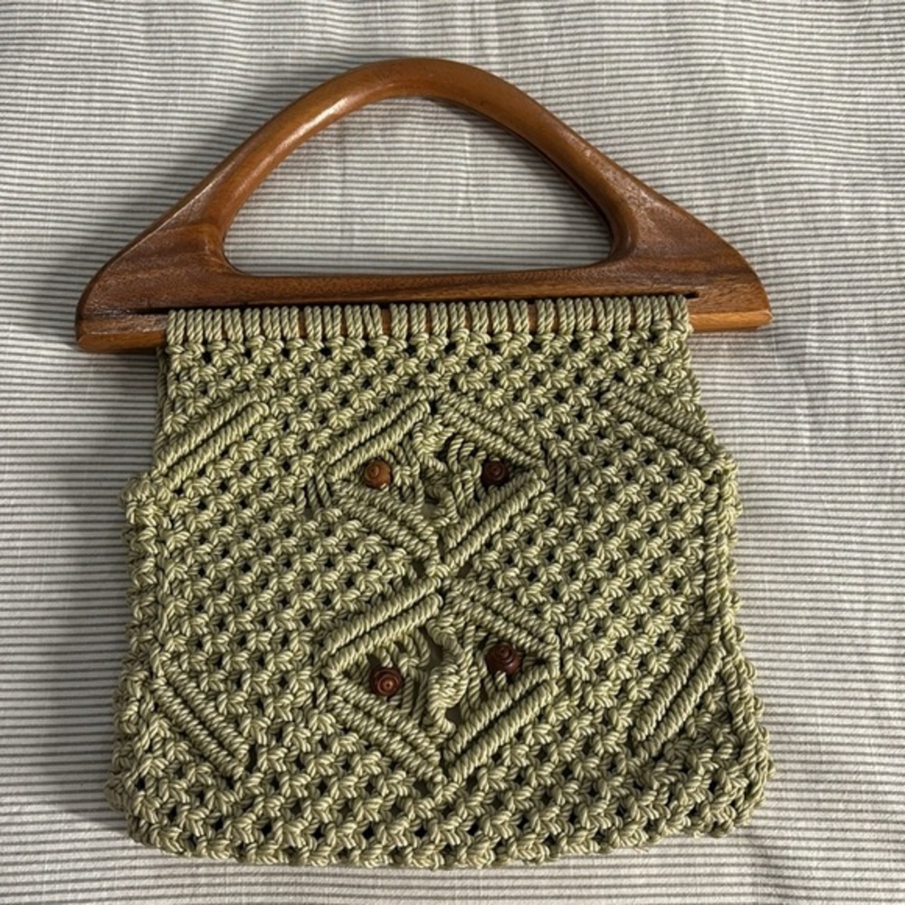 Vintage Boho Macramé Bag Double Wooden Handled purse beige brown handmade